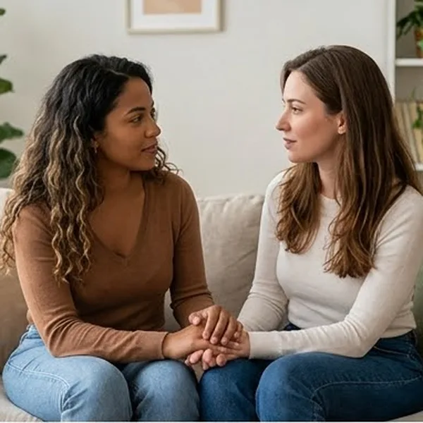 Casal de mulheres conversando de mãos dadas em um sofá
